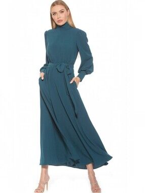 Alexia Admor Teal Isaliah Mock Neck Teal Tie Waist Maxi Dress, 10, NWT, Classy